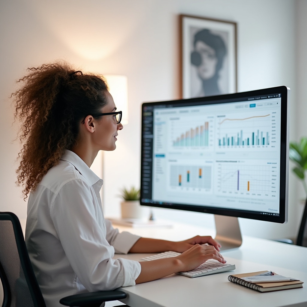 Researcher analyzing content quality metrics on a clean monitor display in a bright modern office