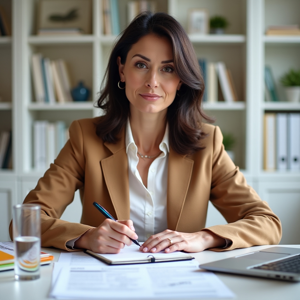 Lead researcher, a woman in her early 40s with dark hair, seated at a bright desk reviewing search quality documents, calm and focused expression